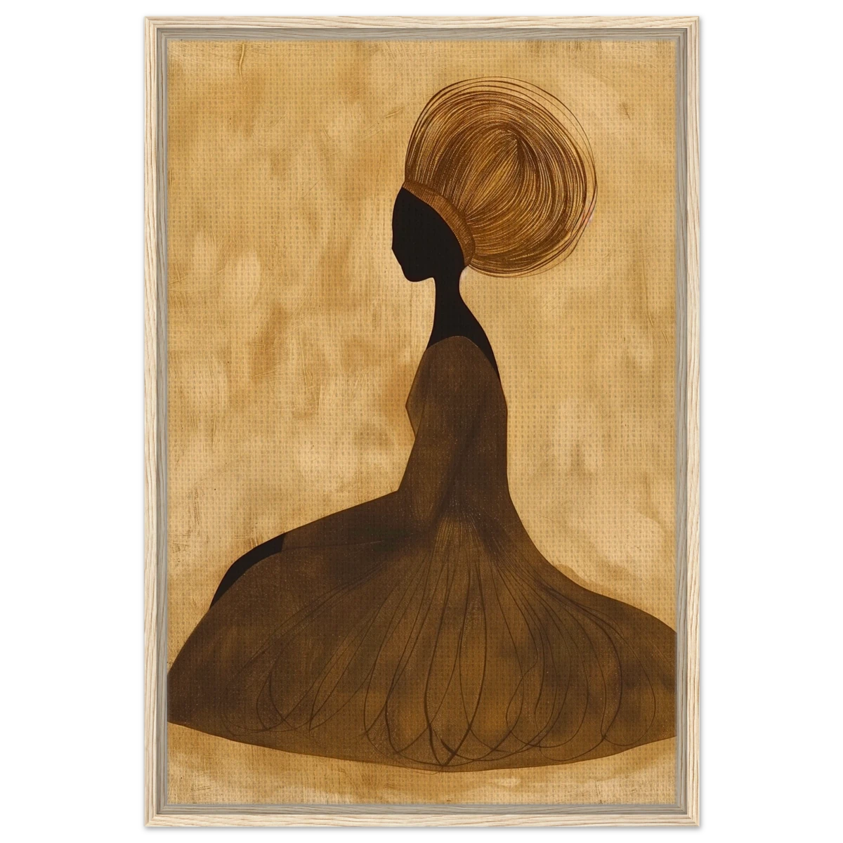 Golden Grace – Afrocentric Minimalist Silhouette Wall Art Print - Framed Canvas - 60x90 cm / 24x36″ - Wood frame