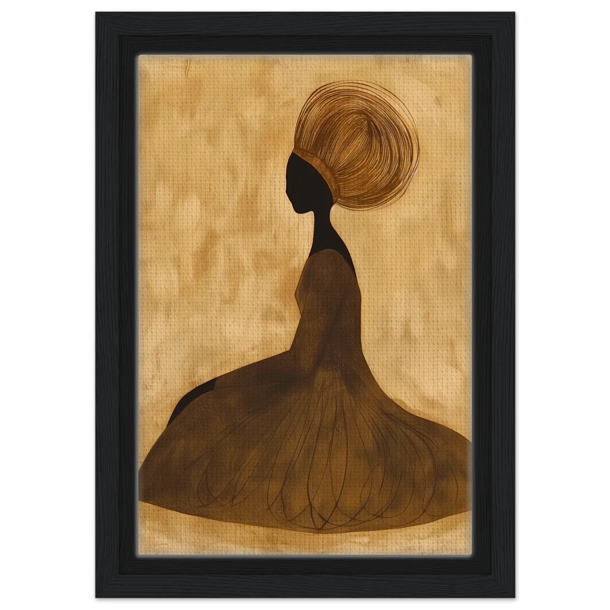 Golden Grace – Afrocentric Minimalist Silhouette Wall Art Print - Framed Canvas - 20x30 cm / 8x12″ - Black frame