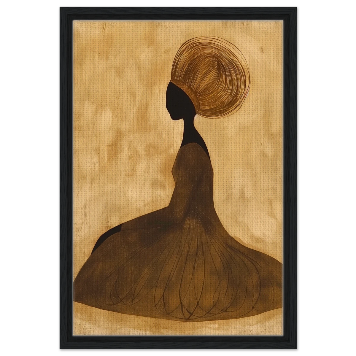 Golden Grace – Afrocentric Minimalist Silhouette Wall Art Print - Framed Canvas - 40x60 cm / 16x24″ - Black frame