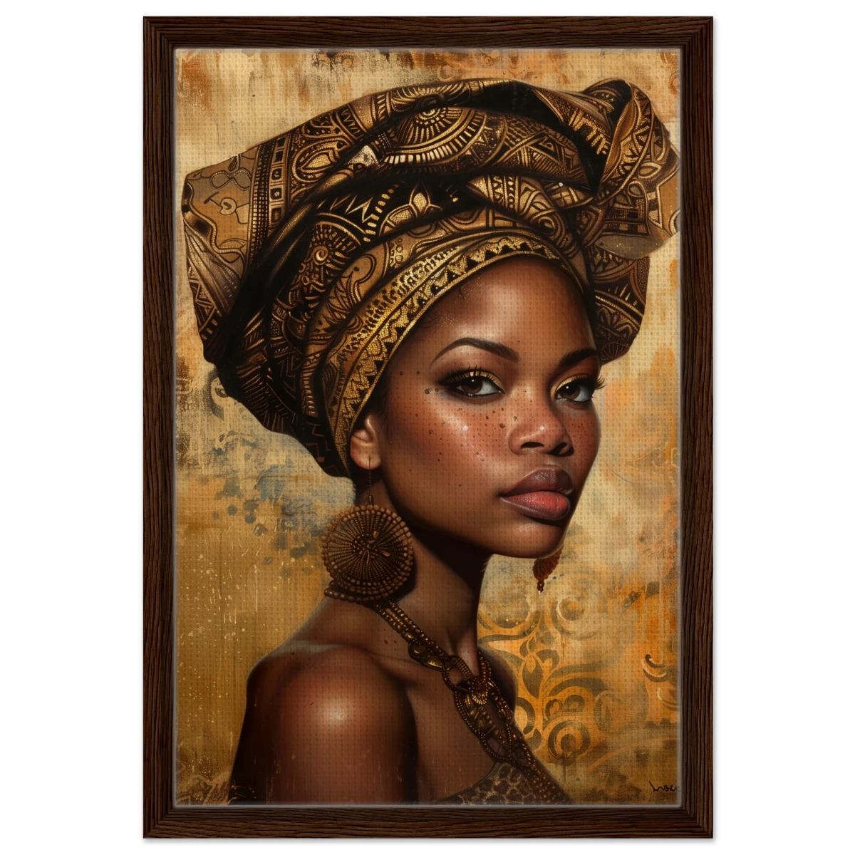 "Golden Heritage" – Regal Portrait Art Print | African Theme wall art print - Framed Canvas - 40x60 cm / 16x24″ - Dark wood frame