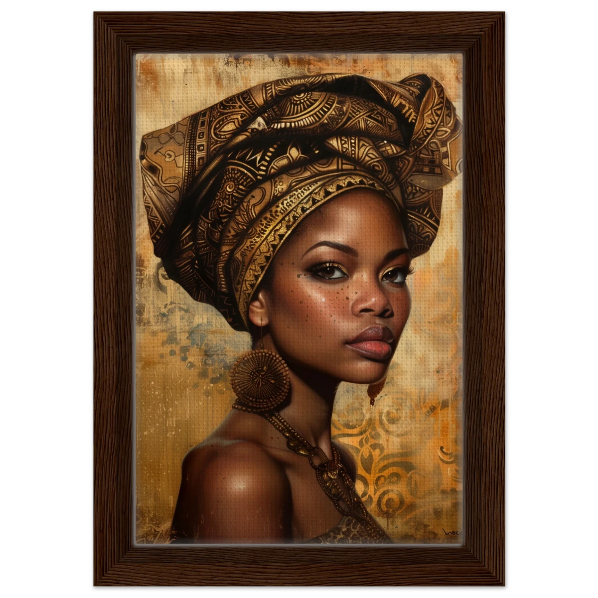 "Golden Heritage" – Regal Portrait Art Print | African Theme wall art print - Framed Canvas - 20x30 cm / 8x12″ - Dark wood frame