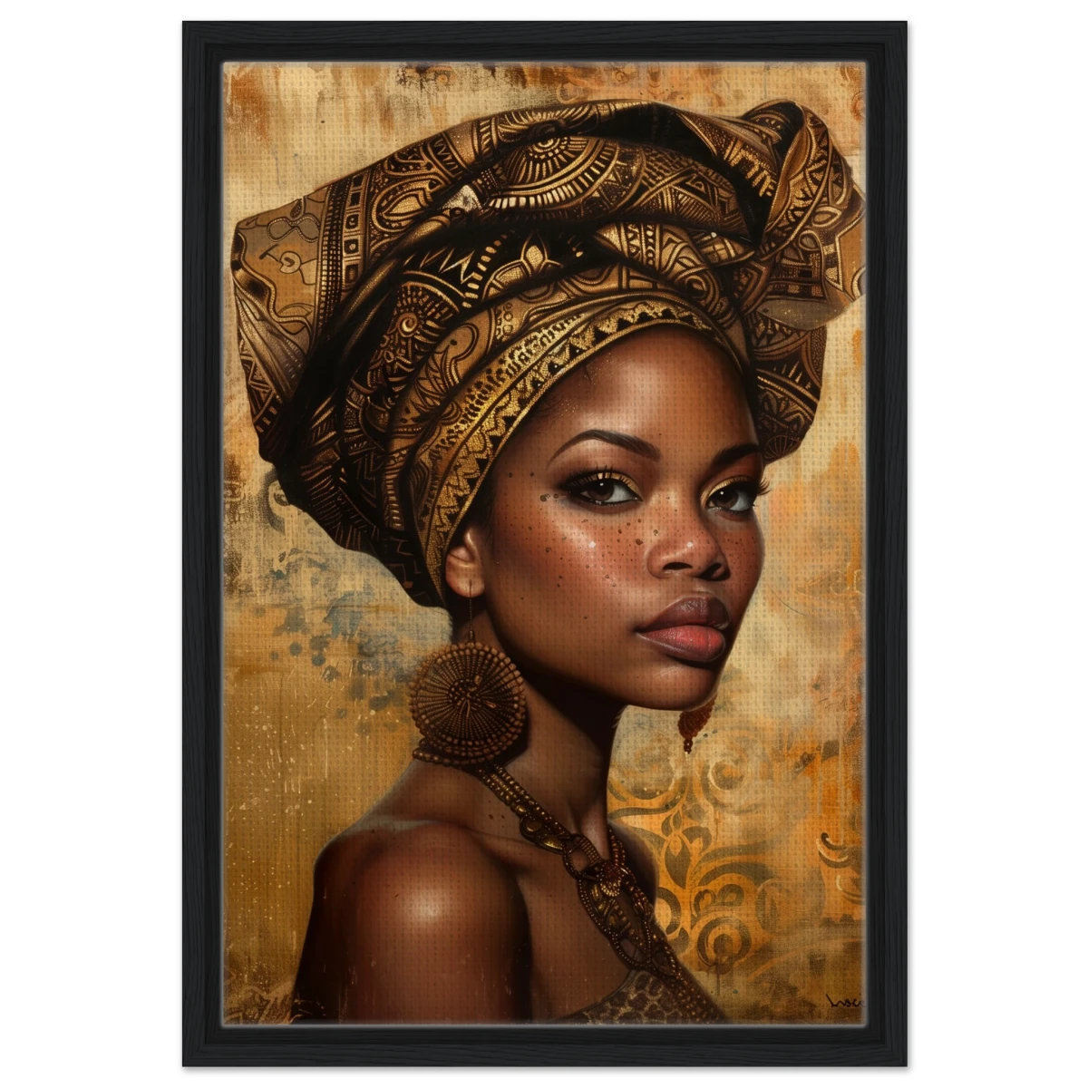 "Golden Heritage" – Regal Portrait Art Print | African Theme wall art print - Framed Canvas - 40x60 cm / 16x24″ - Black frame