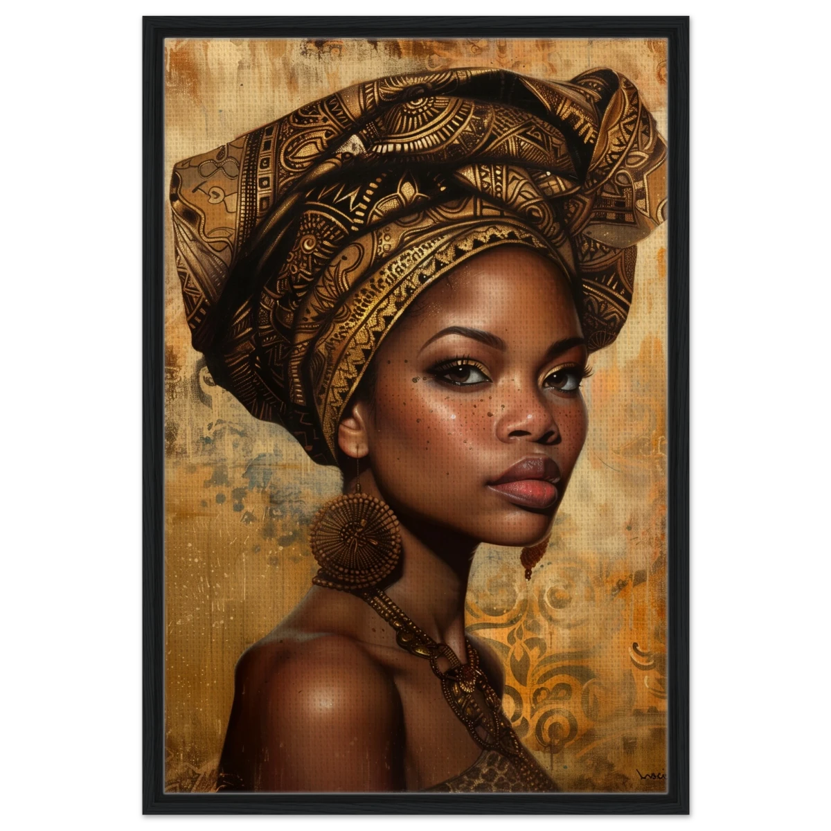 "Golden Heritage" – Regal Portrait Art Print | African Theme wall art print - Framed Canvas - 60x90 cm / 24x36″ - Black frame