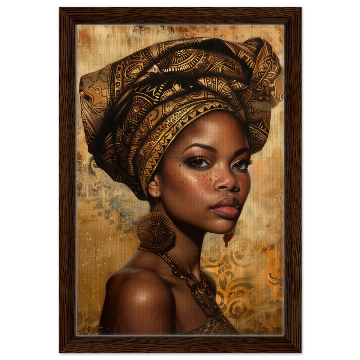 "Golden Heritage" – Regal Portrait Art Print | African Theme wall art print - Framed Canvas - 30x45 cm / 12x18″ - Dark wood frame