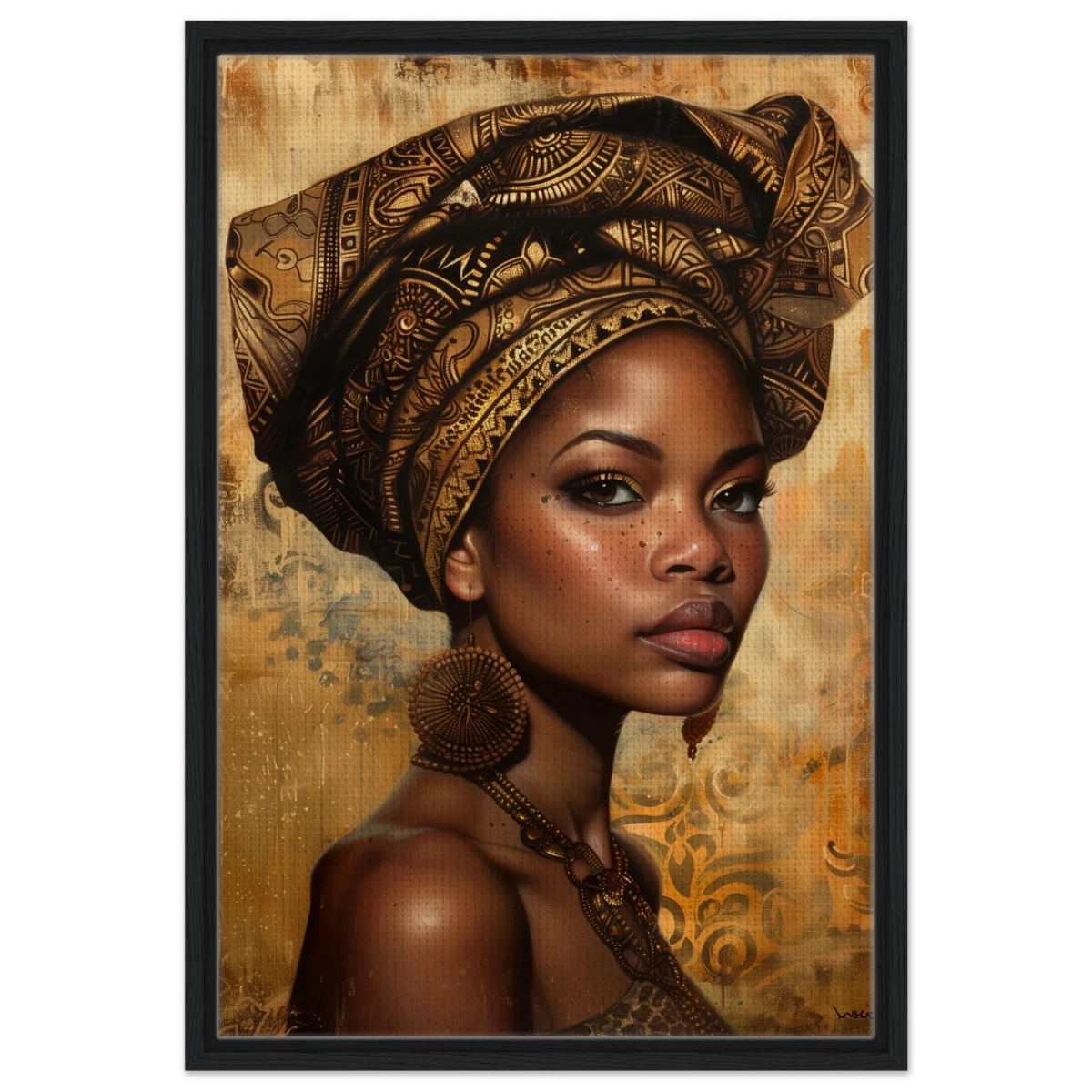 "Golden Heritage" – Regal Portrait Art Print | African Theme wall art print - Framed Canvas - 50x75 cm / 20x30″ - Black frame