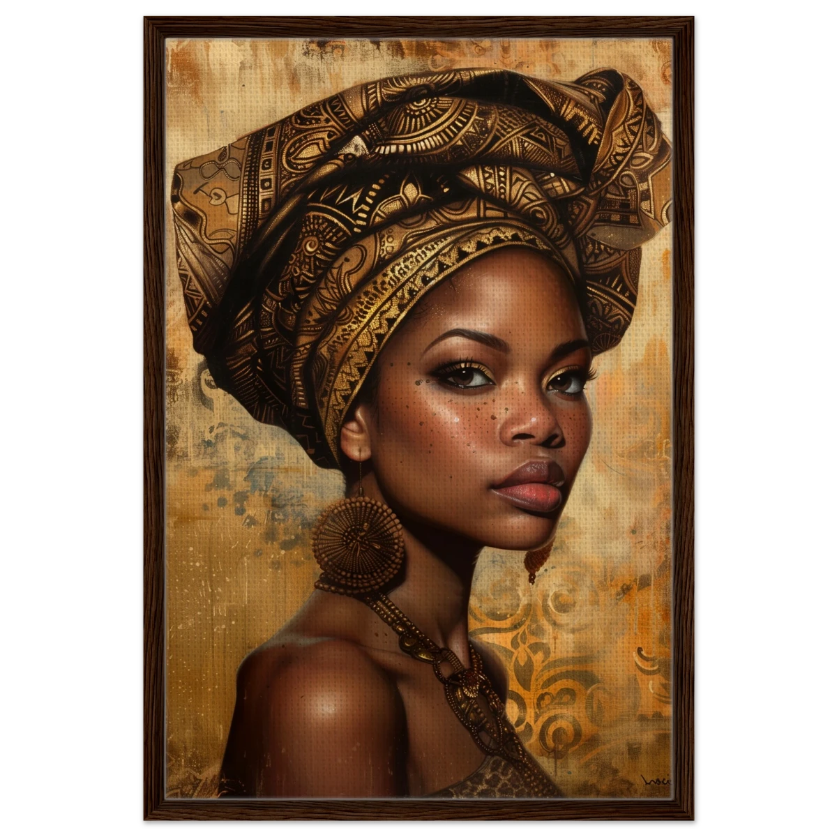 "Golden Heritage" – Regal Portrait Art Print | African Theme wall art print - Framed Canvas - 60x90 cm / 24x36″ - Dark wood frame