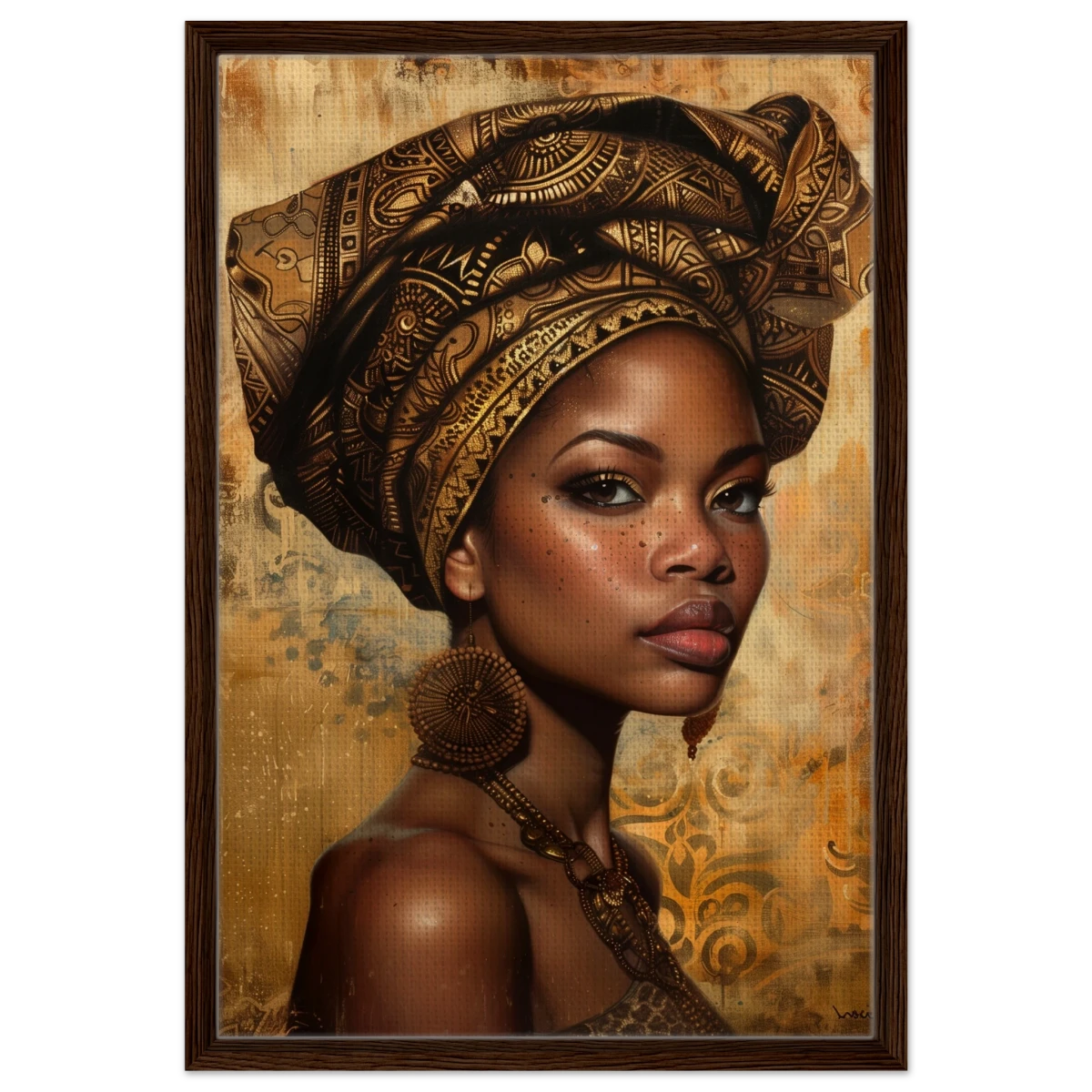 "Golden Heritage" – Regal Portrait Art Print | African Theme wall art print - Framed Canvas - 50x75 cm / 20x30″ - Dark wood frame