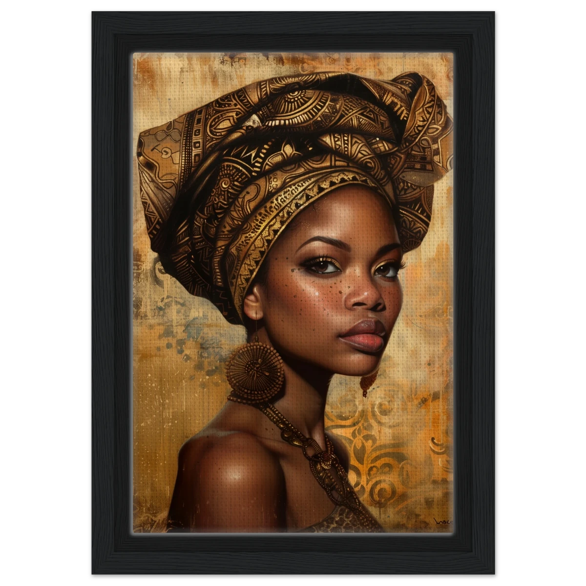 "Golden Heritage" – Regal Portrait Art Print | African Theme wall art print - Framed Canvas - 20x30 cm / 8x12″ - Black frame