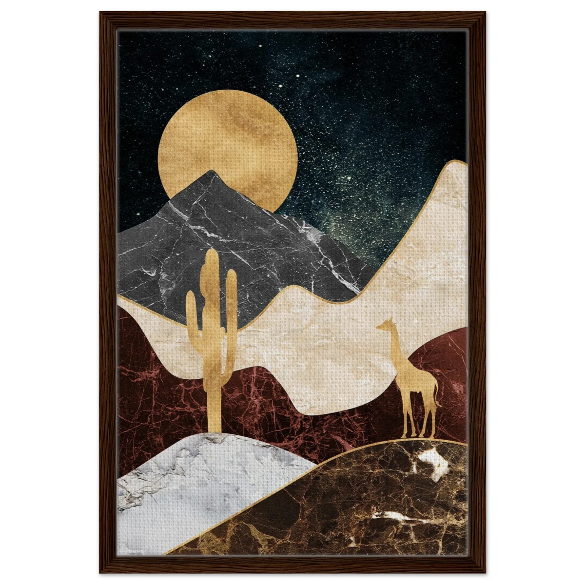 "Golden Horizon Safari" – Abstract Wilderness in Luxe Texture | Wall art Print - Framed Canvas - 50x75 cm / 20x30″ - Dark wood frame