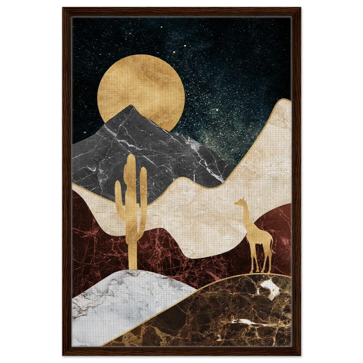 "Golden Horizon Safari" – Abstract Wilderness in Luxe Texture | Wall art Print - Framed Canvas - 60x90 cm / 24x36″ - Dark wood frame