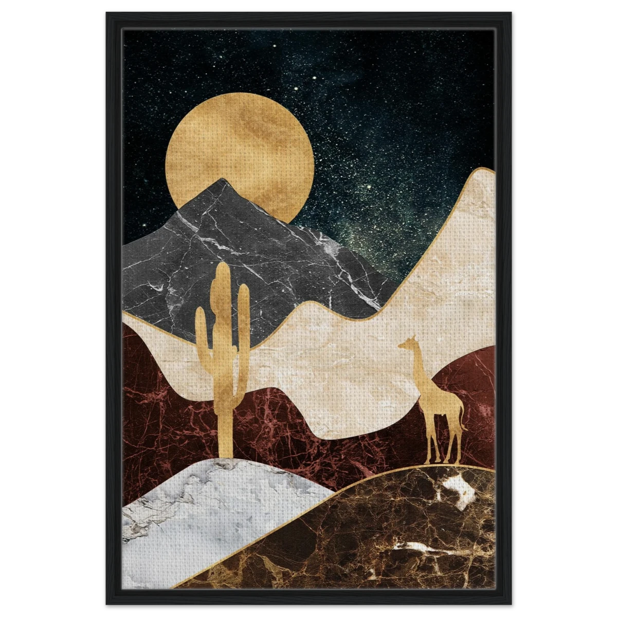 "Golden Horizon Safari" – Abstract Wilderness in Luxe Texture | Wall art Print - Framed Canvas - 60x90 cm / 24x36″ - Black frame