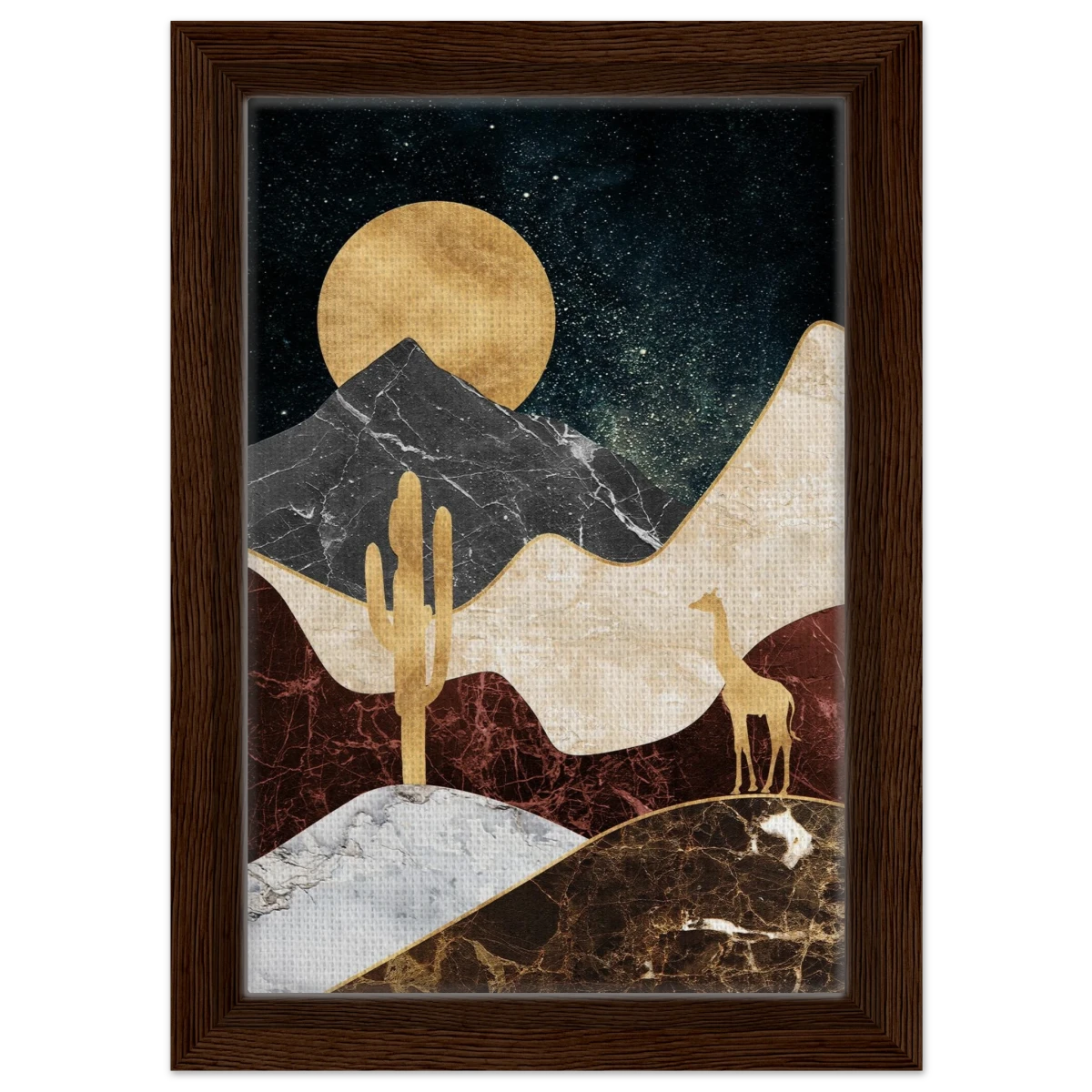 "Golden Horizon Safari" – Abstract Wilderness in Luxe Texture | Wall art Print - Framed Canvas - 20x30 cm / 8x12″ - Dark wood frame