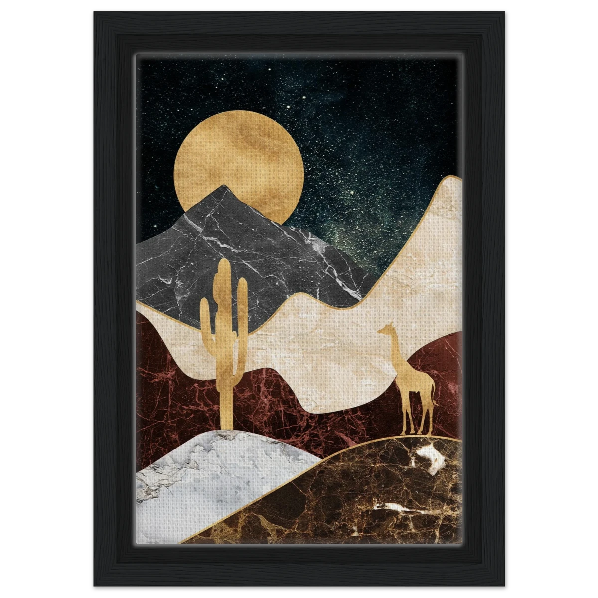 "Golden Horizon Safari" – Abstract Wilderness in Luxe Texture | Wall art Print - Framed Canvas - 20x30 cm / 8x12″ - Black frame