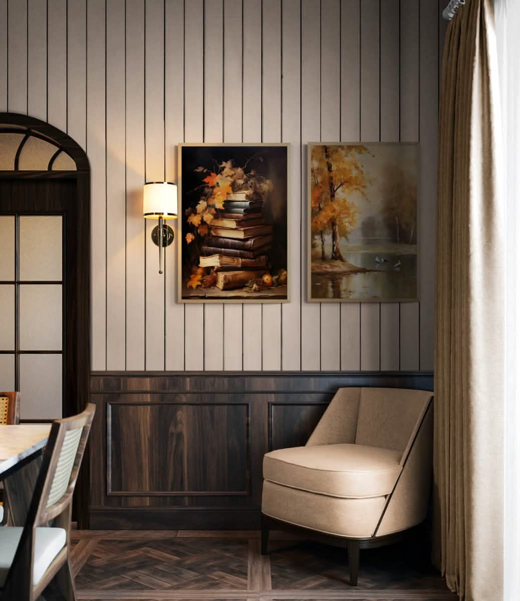 Golden Leaves and Stories | Rustic Harmony Duo | Set of 2 wall art print - Framed Canvas - 30X45 CM / 12X18″ - Wood frame