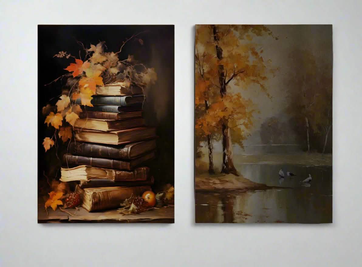 Golden Leaves and Stories | Rustic Harmony Duo | Set of 2 wall art print - Canvas - 30X45 CM / 12X18″ -