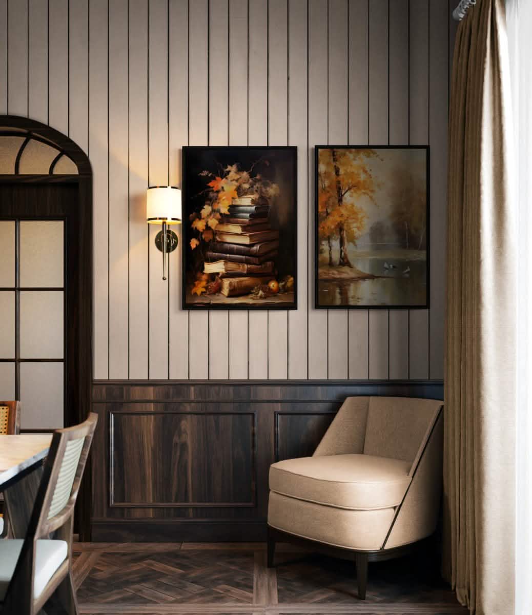 Golden Leaves and Stories | Rustic Harmony Duo | Set of 2 wall art print - Framed Canvas - 30X45 CM / 12X18″ - Black frame