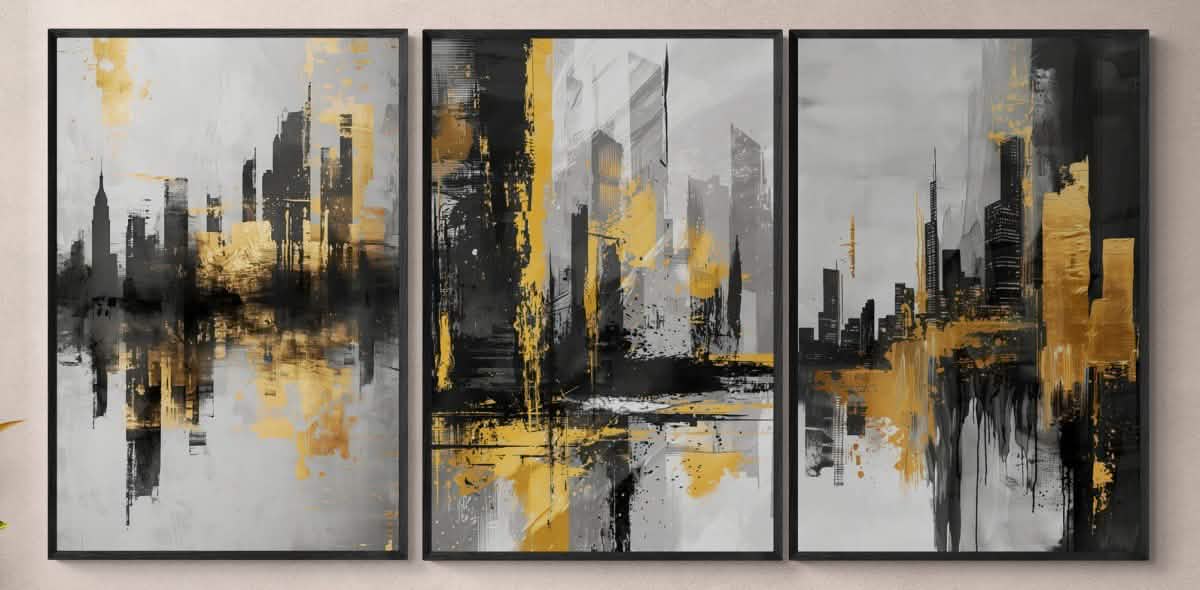 Golden Metropolis – Set of 3 Canvas & Framed Canvas - Framed Canvas - 30X45 CM / 12X18″ - Wood frame