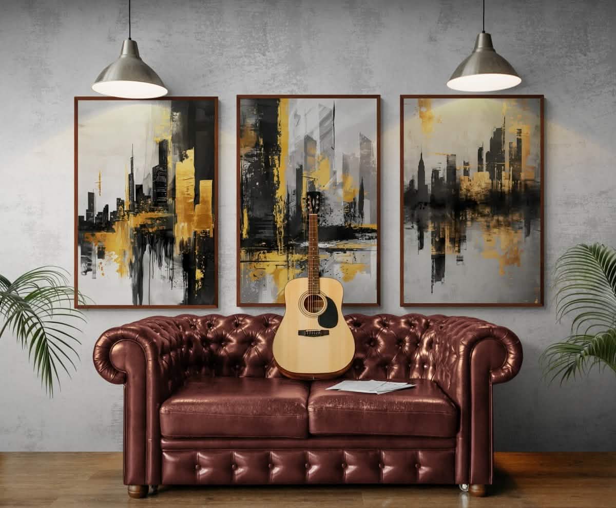 Golden Metropolis – Set of 3 Canvas & Framed Canvas - Framed Canvas - 30X45 CM / 12X18″ - Black frame