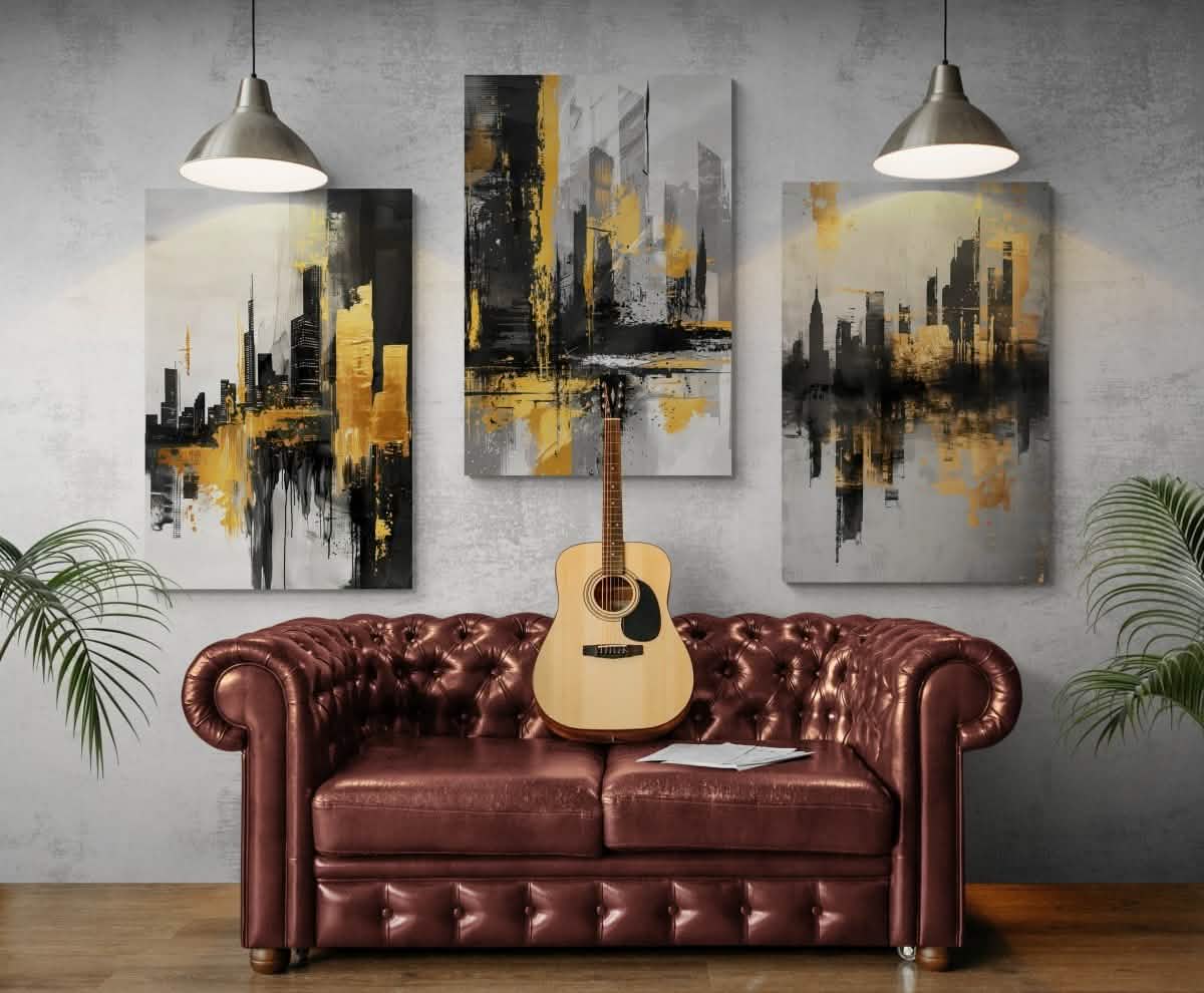 Golden Metropolis – Set of 3 Canvas & Framed Canvas - Framed Canvas - 30X45 CM / 12X18″ - Dark wood frame