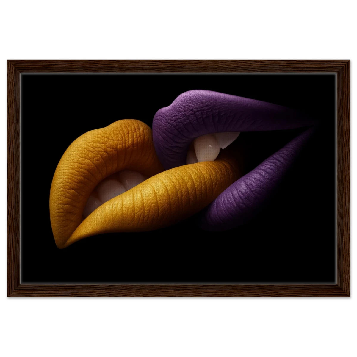 Golden Passion & Violet Desire – Contemporary Lips Wall Art Print - Framed Canvas - 40x60 cm / 16x24″ - Dark wood frame