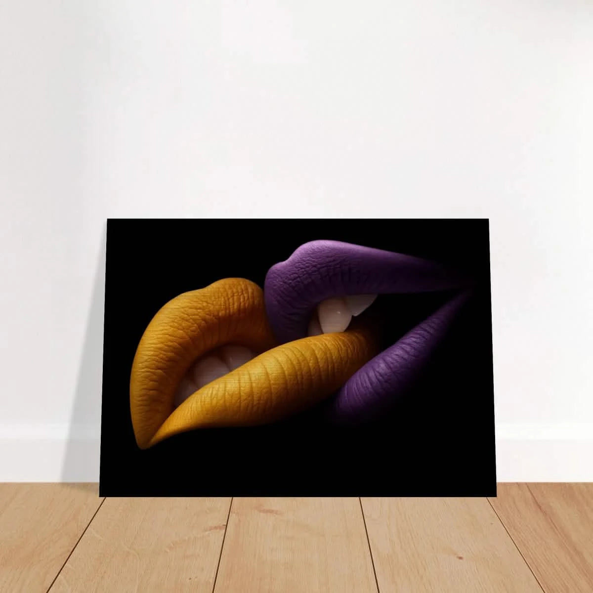 Golden Passion & Violet Desire – Contemporary Lips Wall Art Print - Brushed Aluminum Print - 70x100 cm / 28x40″ -