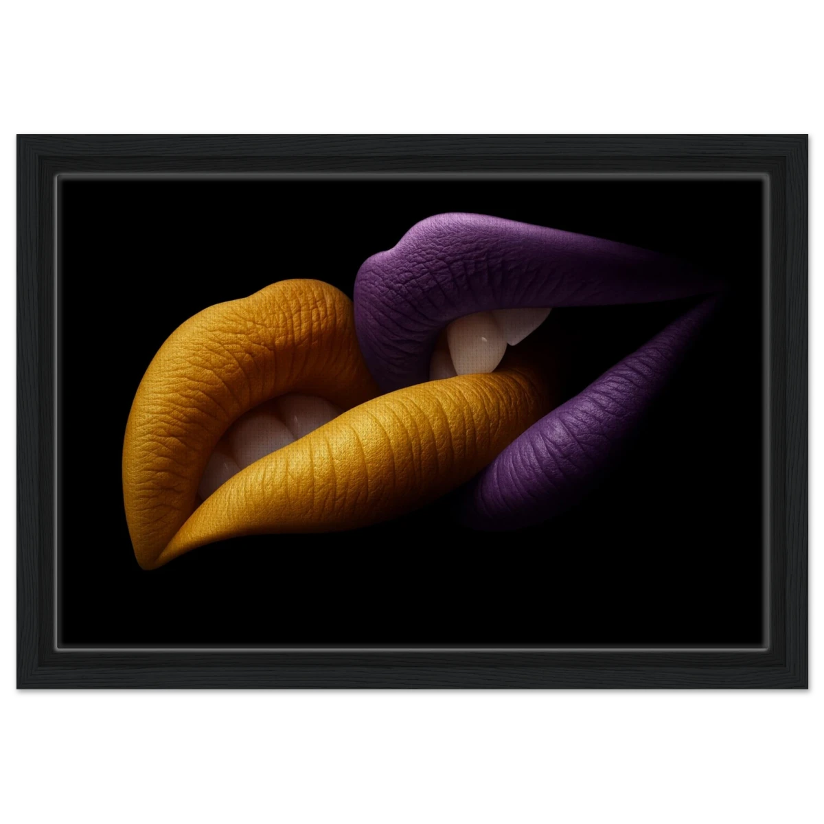 Golden Passion & Violet Desire – Contemporary Lips Wall Art Print - Framed Canvas - 30x45 cm / 12x18″ - Black frame
