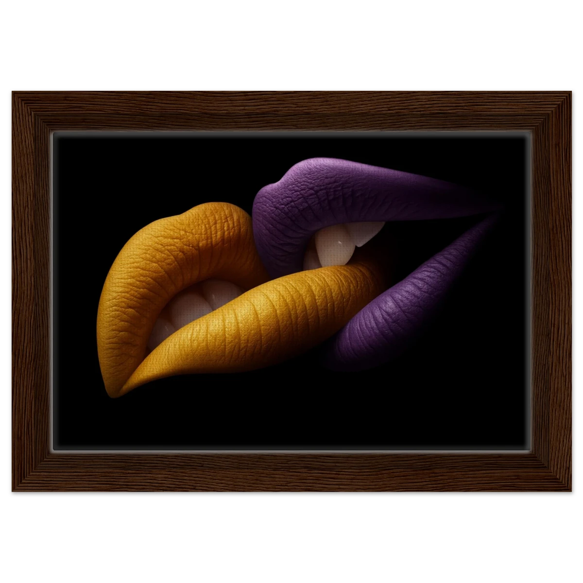 Golden Passion & Violet Desire – Contemporary Lips Wall Art Print - Framed Canvas - 20x30 cm / 8x12″ - Dark wood frame