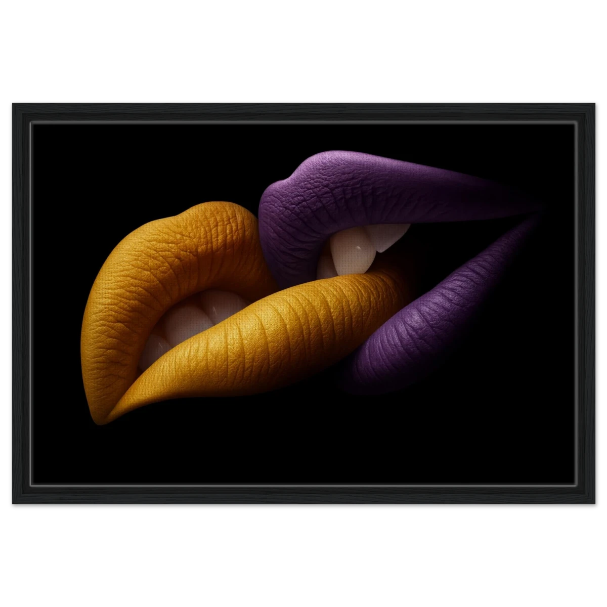 Golden Passion & Violet Desire – Contemporary Lips Wall Art Print - Framed Canvas - 50x75 cm / 20x30″ - Black frame