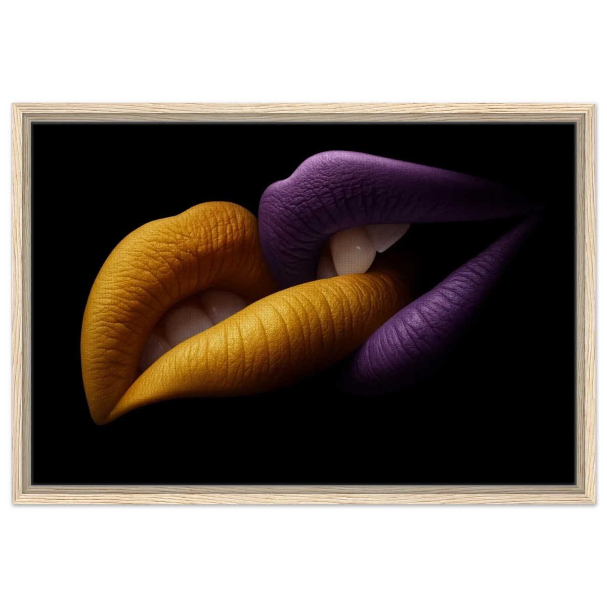 Golden Passion & Violet Desire – Contemporary Lips Wall Art Print - Framed Canvas - 50x75 cm / 20x30″ - Wood frame