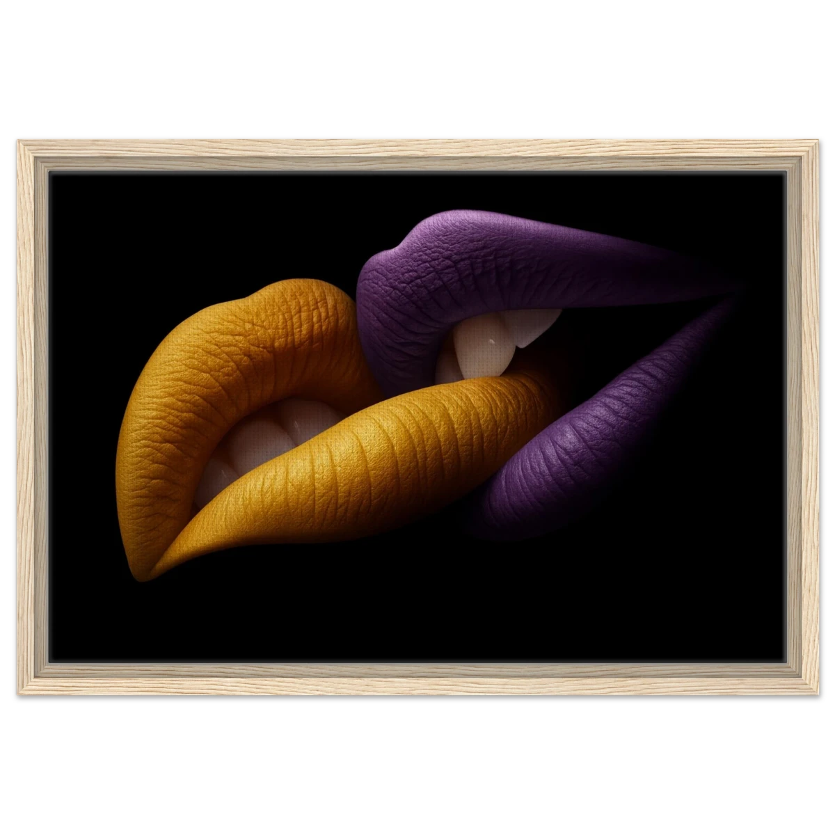 Golden Passion & Violet Desire – Contemporary Lips Wall Art Print - Framed Canvas - 40x60 cm / 16x24″ - Wood frame