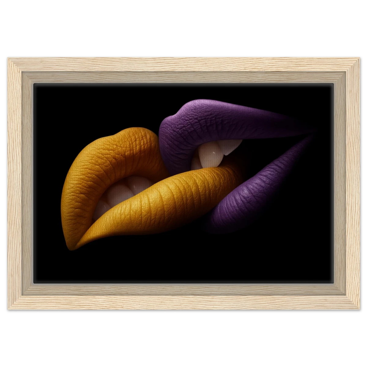 Golden Passion & Violet Desire – Contemporary Lips Wall Art Print - Framed Canvas - 20x30 cm / 8x12″ - Wood frame