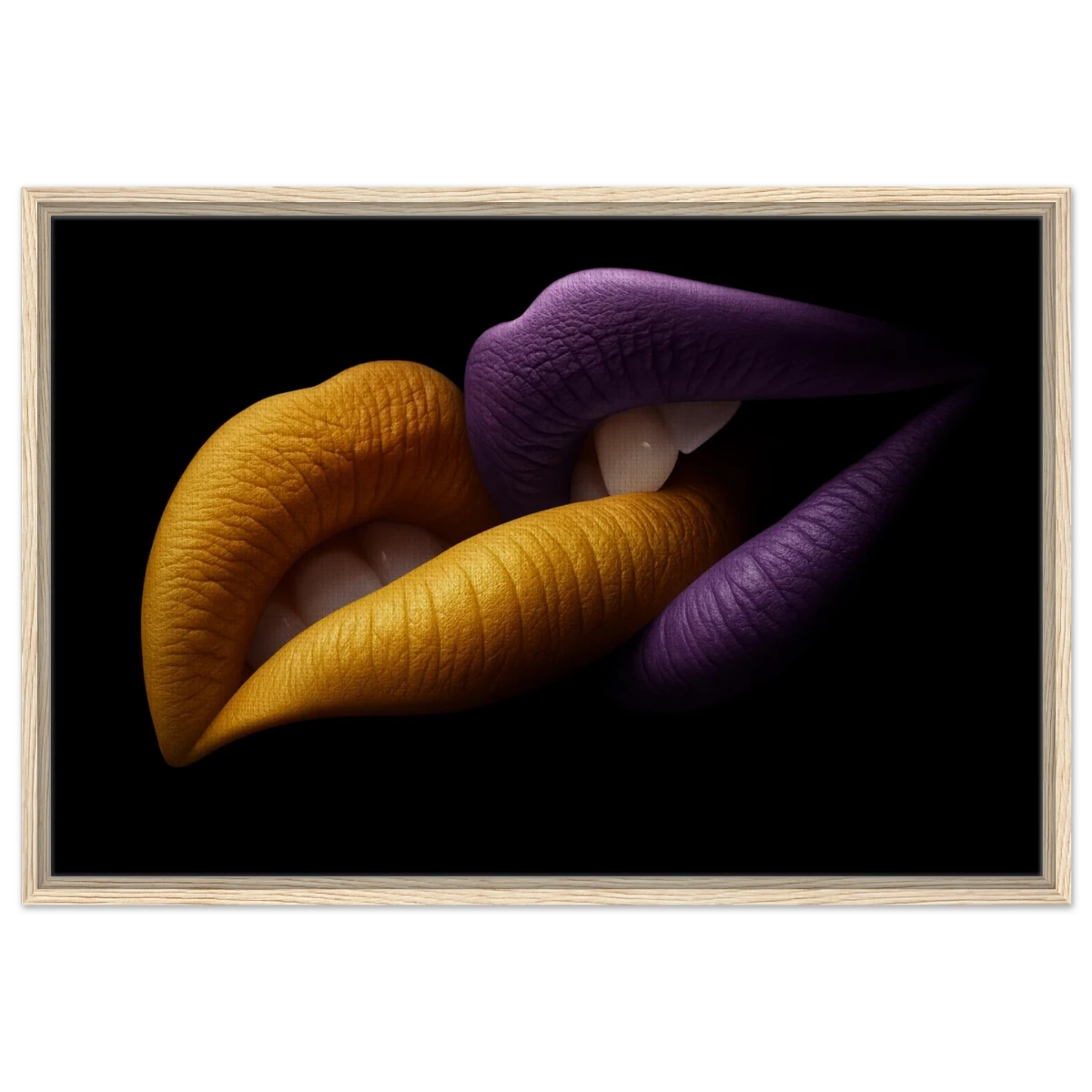 Golden Passion & Violet Desire – Contemporary Lips Wall Art Print - Framed Canvas - 60x90 cm / 24x36″ - Wood frame