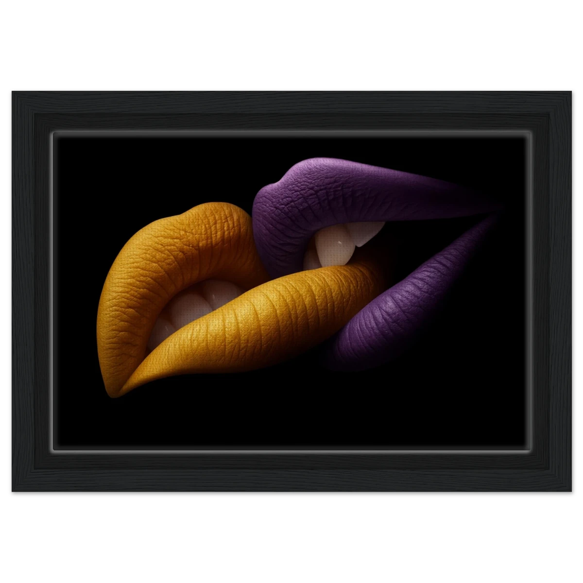 Golden Passion & Violet Desire – Contemporary Lips Wall Art Print - Framed Canvas - 20x30 cm / 8x12″ - Black frame