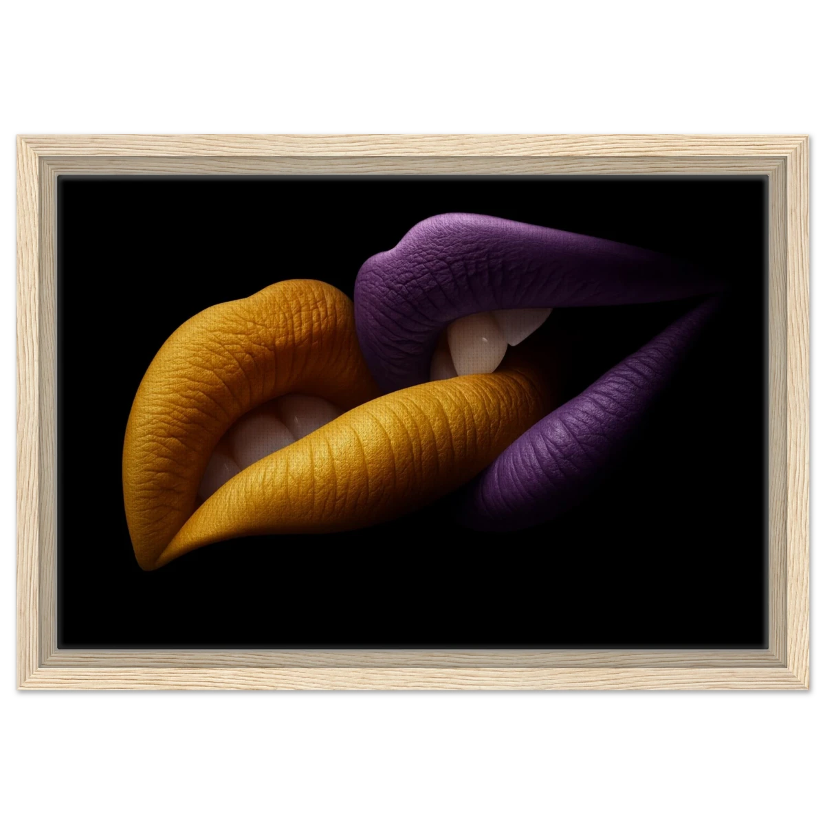 Golden Passion & Violet Desire – Contemporary Lips Wall Art Print - Framed Canvas - 30x45 cm / 12x18″ - Wood frame