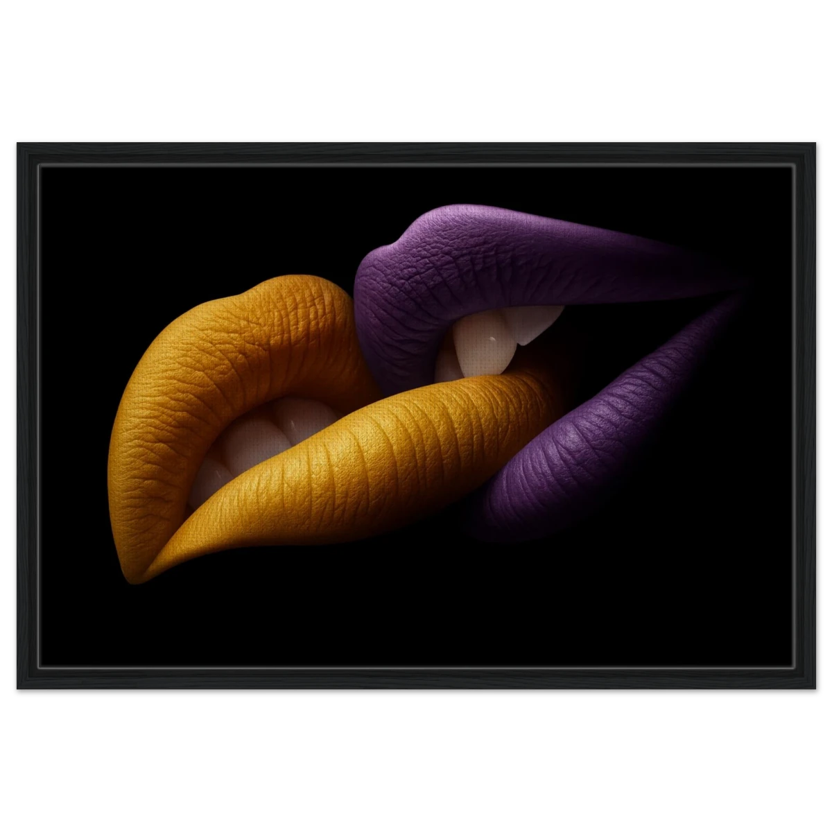 Golden Passion & Violet Desire – Contemporary Lips Wall Art Print - Framed Canvas - 60x90 cm / 24x36″ - Black frame