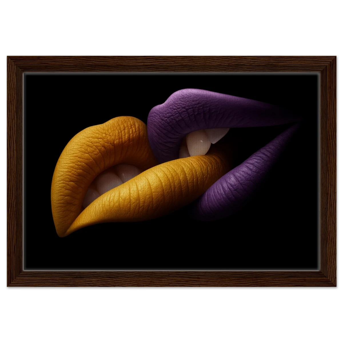 Golden Passion & Violet Desire – Contemporary Lips Wall Art Print - Framed Canvas - 30x45 cm / 12x18″ - Dark wood frame