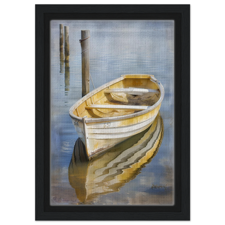 Golden Rowboat Reflections – Nautical Wall Art Print - Framed Canvas - 20x30 cm / 8x12″ - Black frame