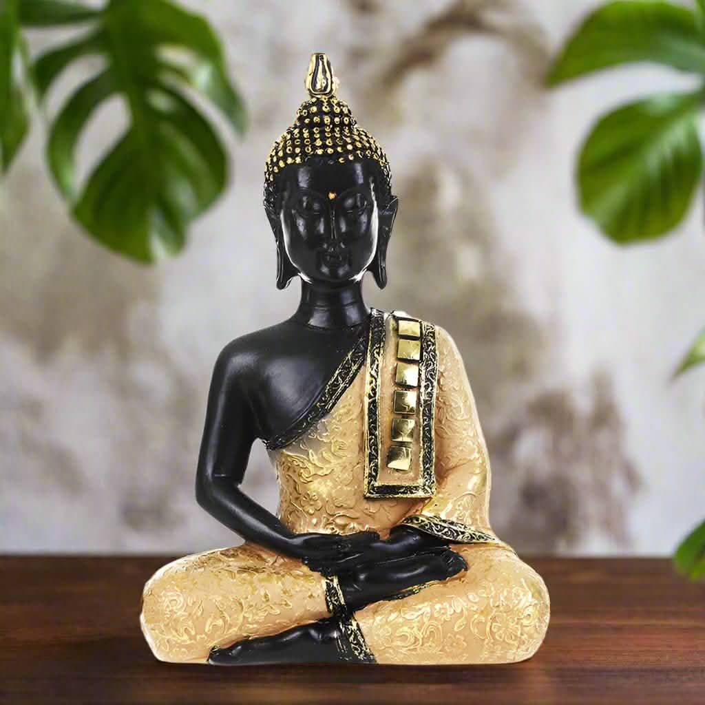 Golden Serenity Buddha Statue – Handcrafted Resin Meditation Décor - Black & Gold -