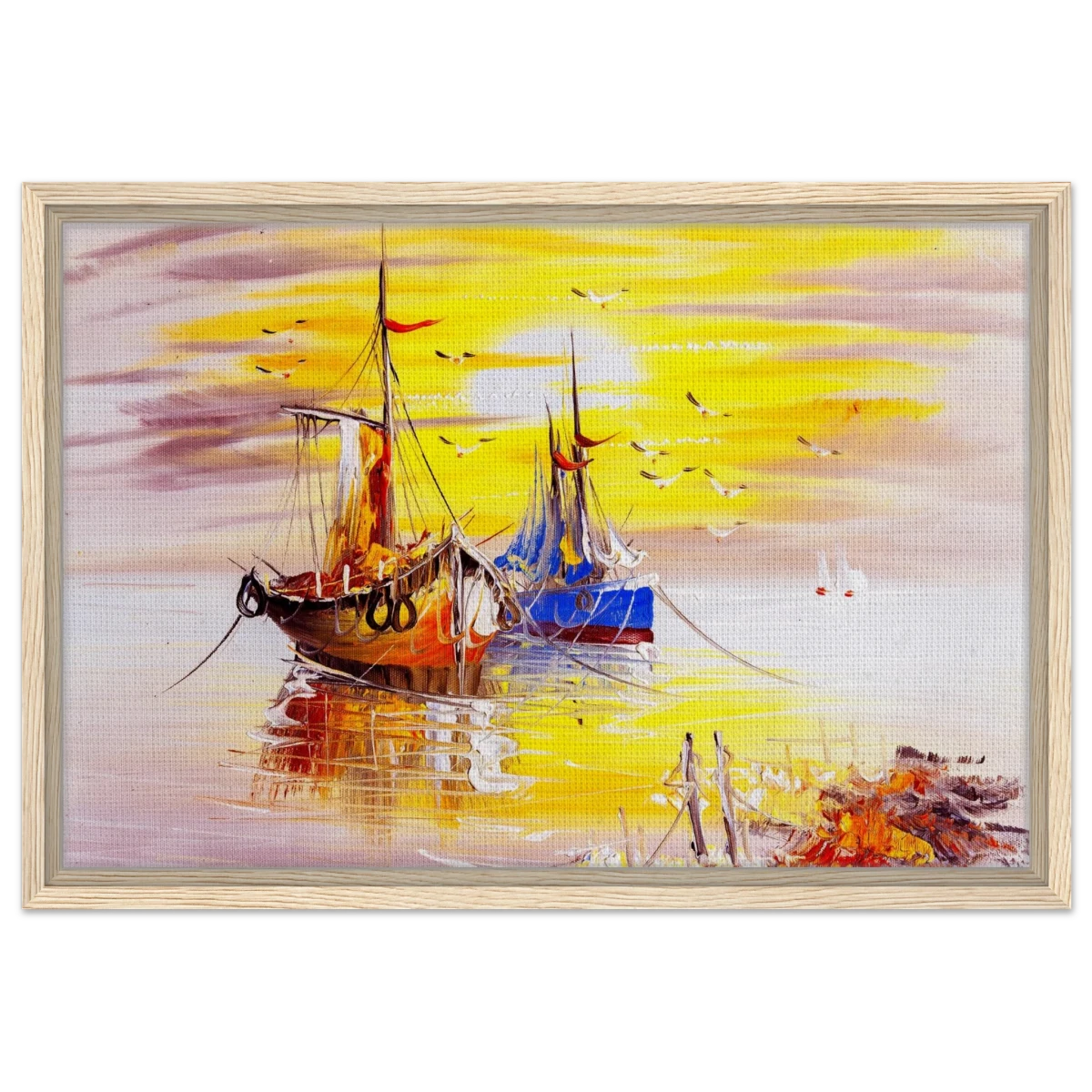 Golden Sunrise Harbour – Nautical Wall Art Print - Framed Canvas - 40x60 cm / 16x24″ - Wood frame