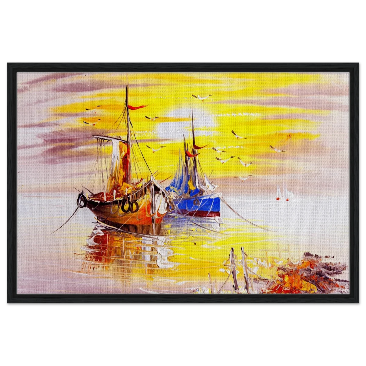 Golden Sunrise Harbour – Nautical Wall Art Print - Framed Canvas - 60x90 cm / 24x36″ - Black frame