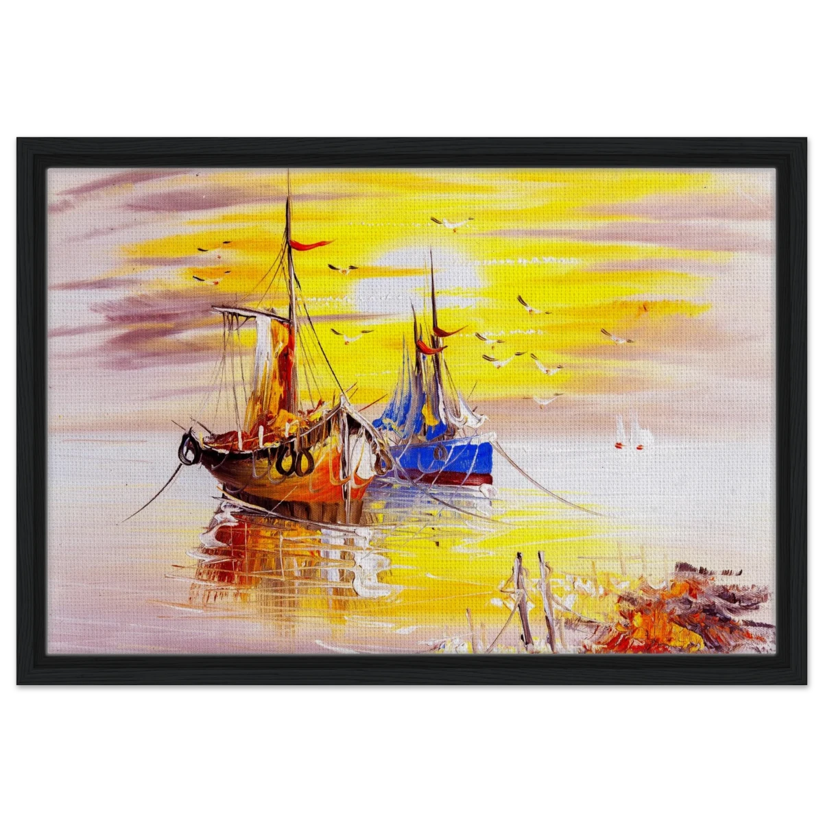 Golden Sunrise Harbour – Nautical Wall Art Print - Framed Canvas - 40x60 cm / 16x24″ - Black frame