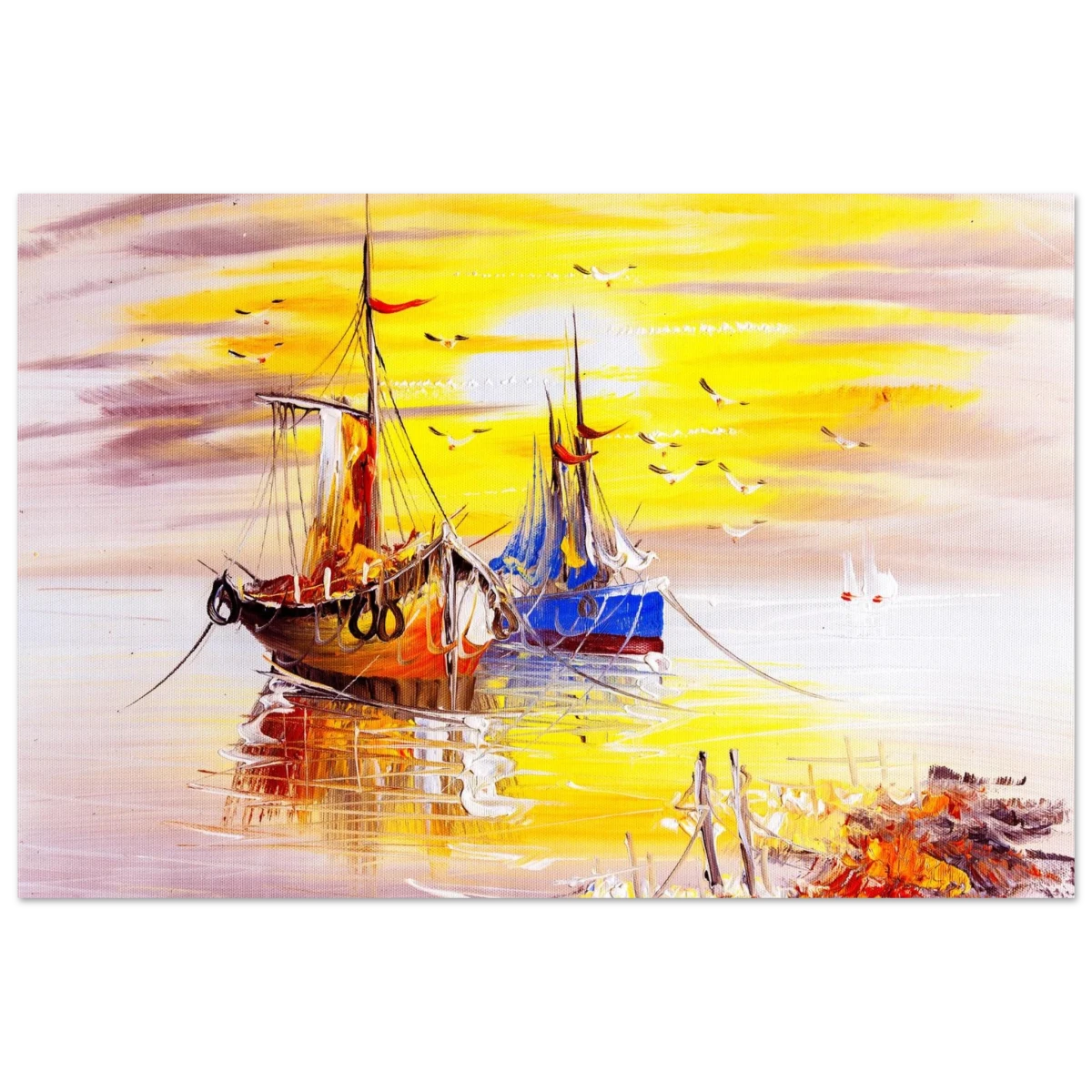 Golden Sunrise Harbour – Nautical Wall Art Print - Fine Art Poster - 60x90 cm / 24x36″ -