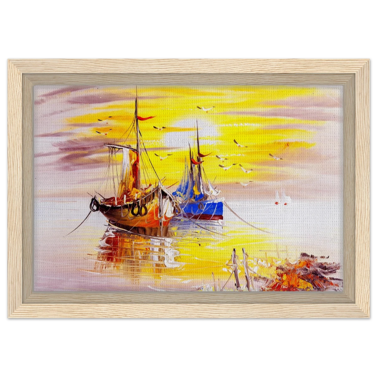 Golden Sunrise Harbour – Nautical Wall Art Print - Framed Canvas - 20x30 cm / 8x12″ - Wood frame