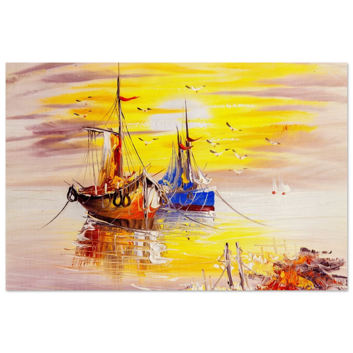 Golden Sunrise Harbour – Nautical Wall Art Print - Wood Prints - 30x45 cm / 12x18″ -