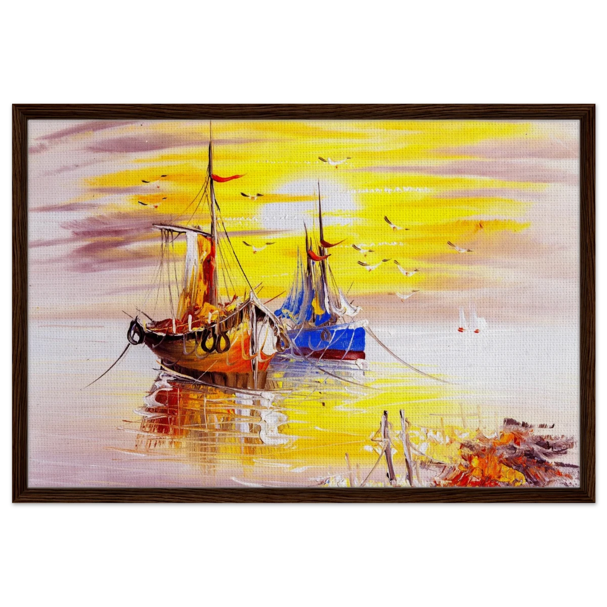 Golden Sunrise Harbour – Nautical Wall Art Print - Framed Canvas - 60x90 cm / 24x36″ - Dark wood frame