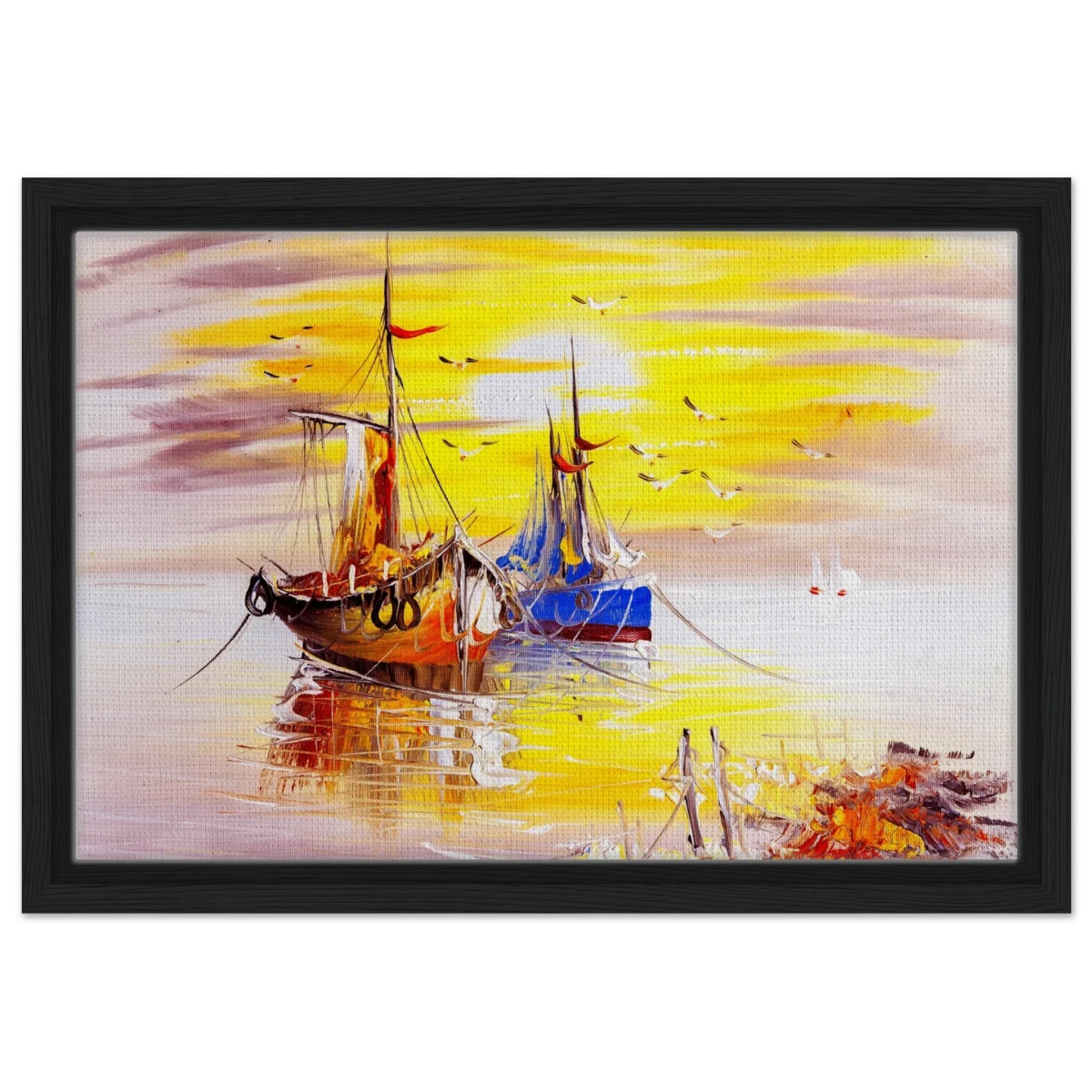 Golden Sunrise Harbour – Nautical Wall Art Print - Framed Canvas - 30x45 cm / 12x18″ - Black frame