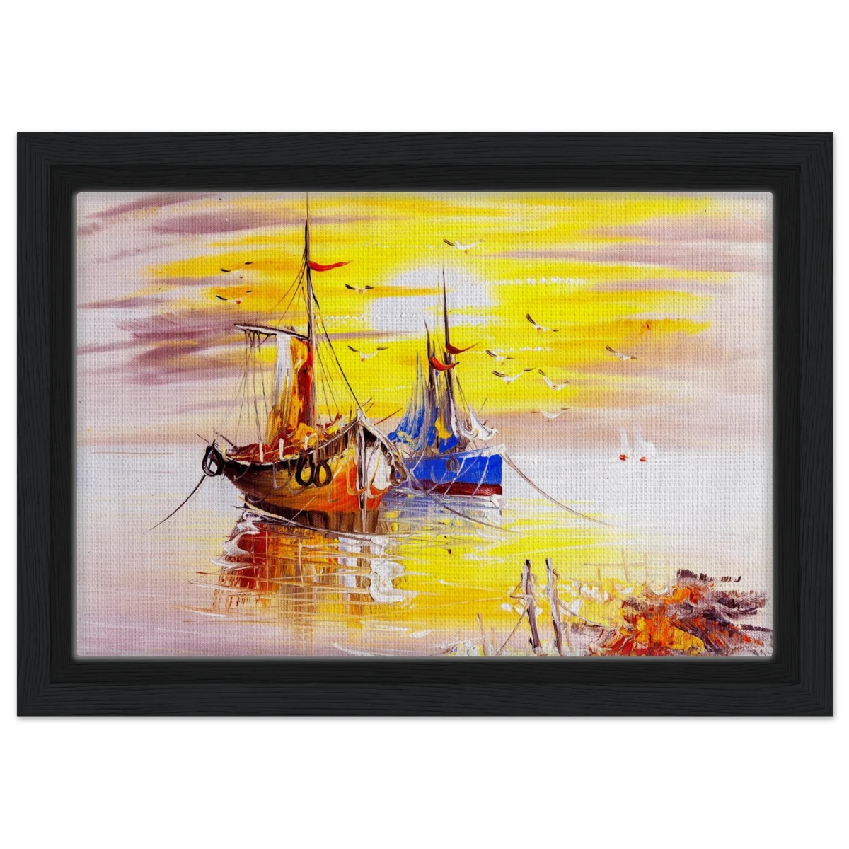 Golden Sunrise Harbour – Nautical Wall Art Print - Framed Canvas - 20x30 cm / 8x12″ - Black frame