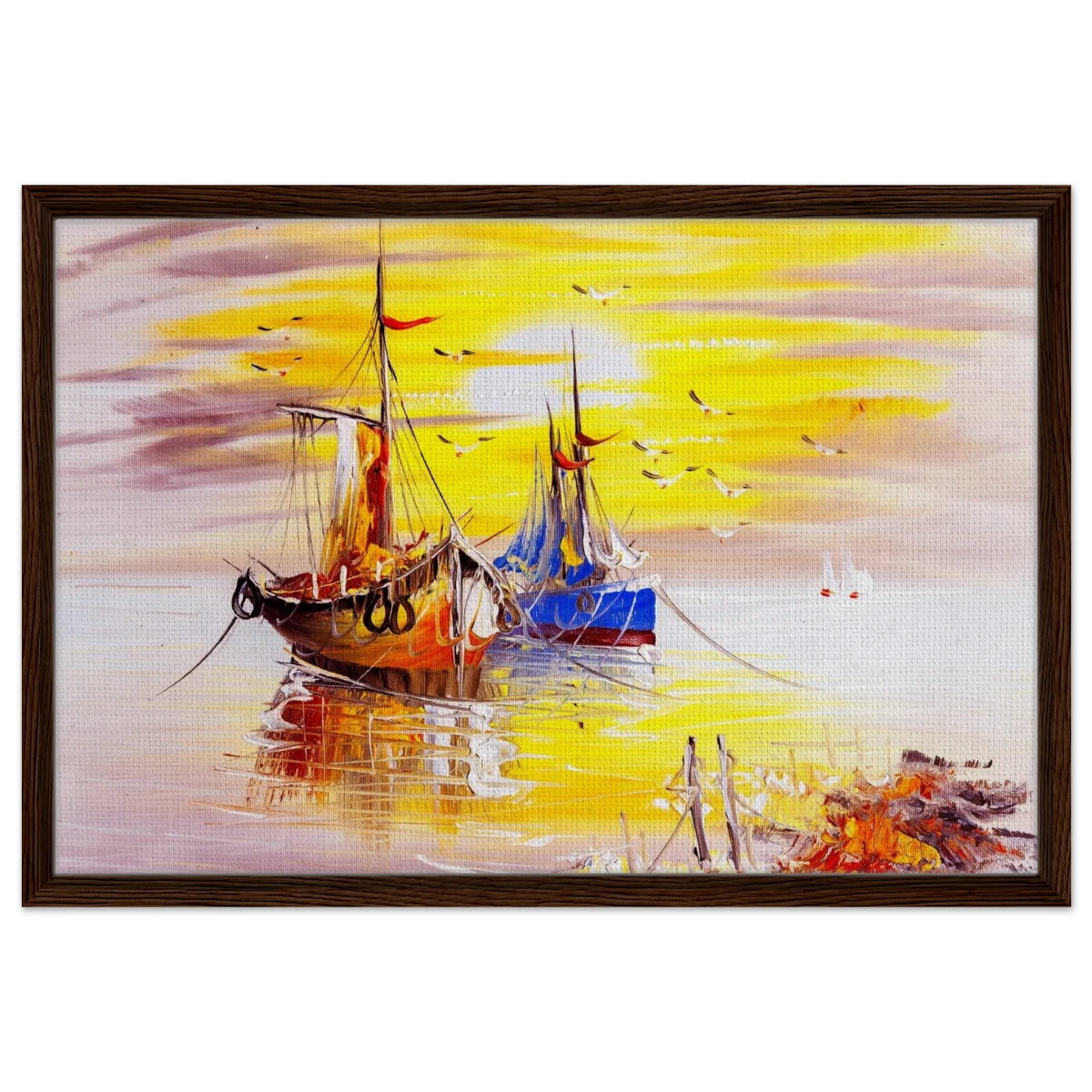 Golden Sunrise Harbour – Nautical Wall Art Print - Framed Canvas - 50x75 cm / 20x30″ - Dark wood frame