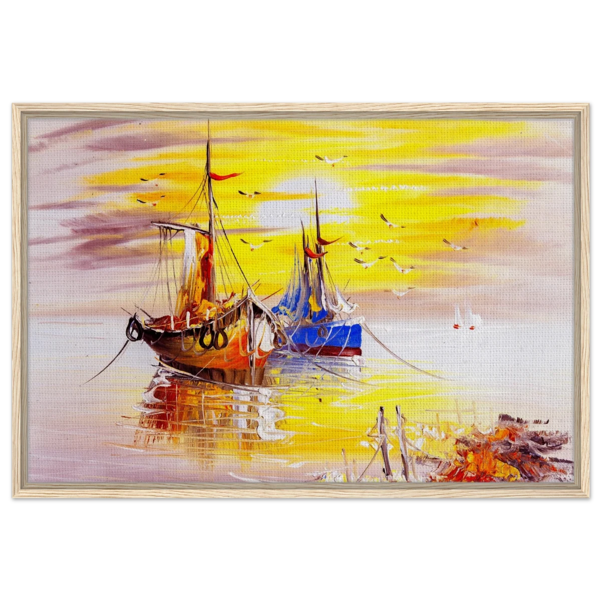 Golden Sunrise Harbour – Nautical Wall Art Print - Framed Canvas - 60x90 cm / 24x36″ - Wood frame