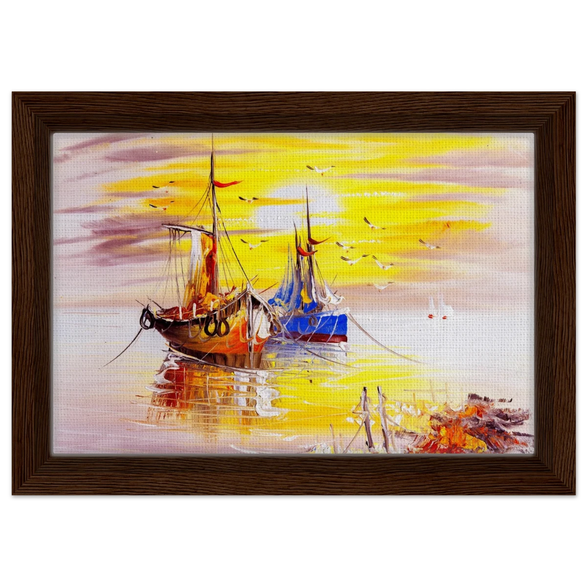 Golden Sunrise Harbour – Nautical Wall Art Print - Framed Canvas - 20x30 cm / 8x12″ - Dark wood frame